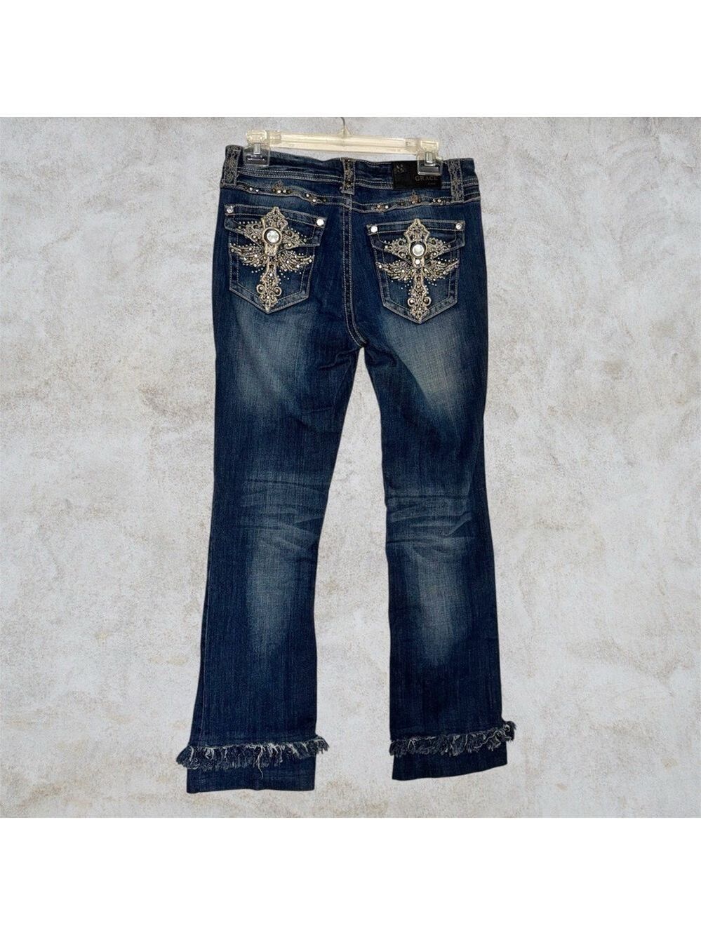 Grace in LA Dark Blue Bootcut Jeans with Embellished Pockets Frayed Hem size 7